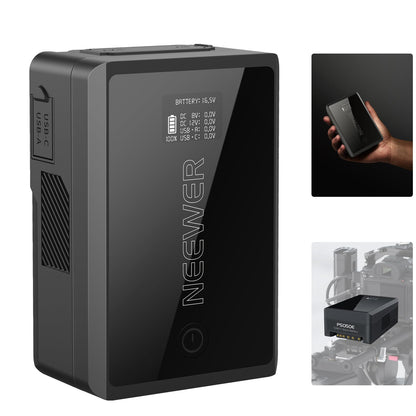 NEEWER Mini V Mount Battery con D Tap/USB C/USB A/BP/Puertos DC Dobles/Pantalla OLED, 3450mAh 50Wh 14.54V V V Lock Batería Soporta 45W PD Carga Rápida para Monitor de Cámara Luz de Video, PS050E