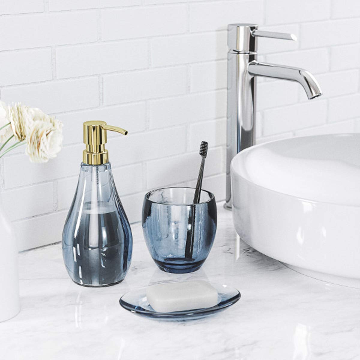 Umbra Droplet Acrylic Soap Dish Container For Bathroom - Nicely Fits Into Amenity Tray and Holds The Soap Bar Preventing It from Dirt and Ensures Zero Waste, Denim