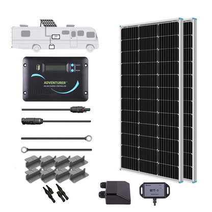 Renogy Kit Solar Monocristalino RV 200W 12V Adventurer 30A | 2 paneles 100W, controlador carga PWM LCD, soportes montaje Z, para RV, barcos, remolques, caravanas