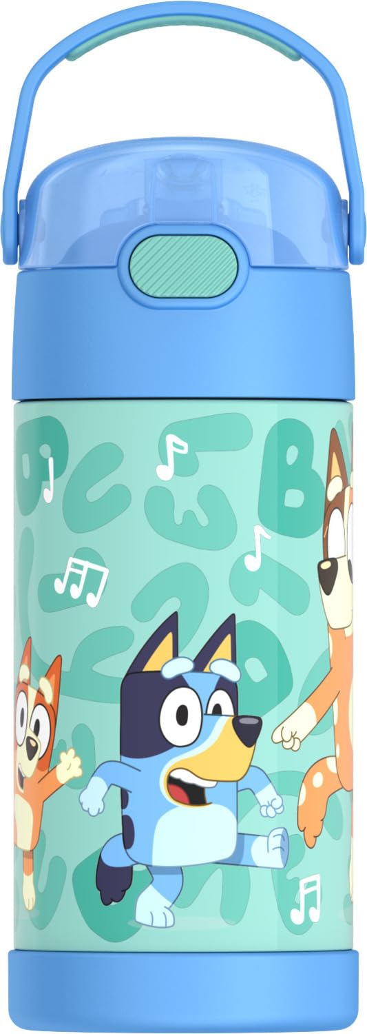 THERMOS FUNTAINER - Botella de agua con pajita, 12 onzas, color azul, botella de agua aislada al aspiradora para niños con tapa