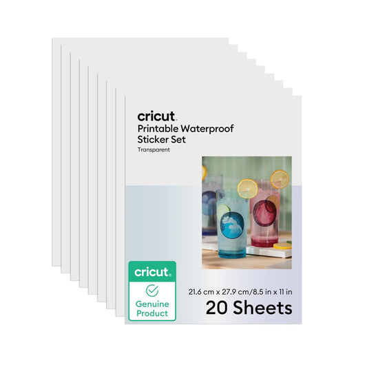 Cricut - Juego de pegatinas impermeables imprimibles, 20 hojas transparente | Pegatinas imprimibles para impresoras de inyección de tinta: funciona con máquinas Joy Xtra, Explore, y Maker