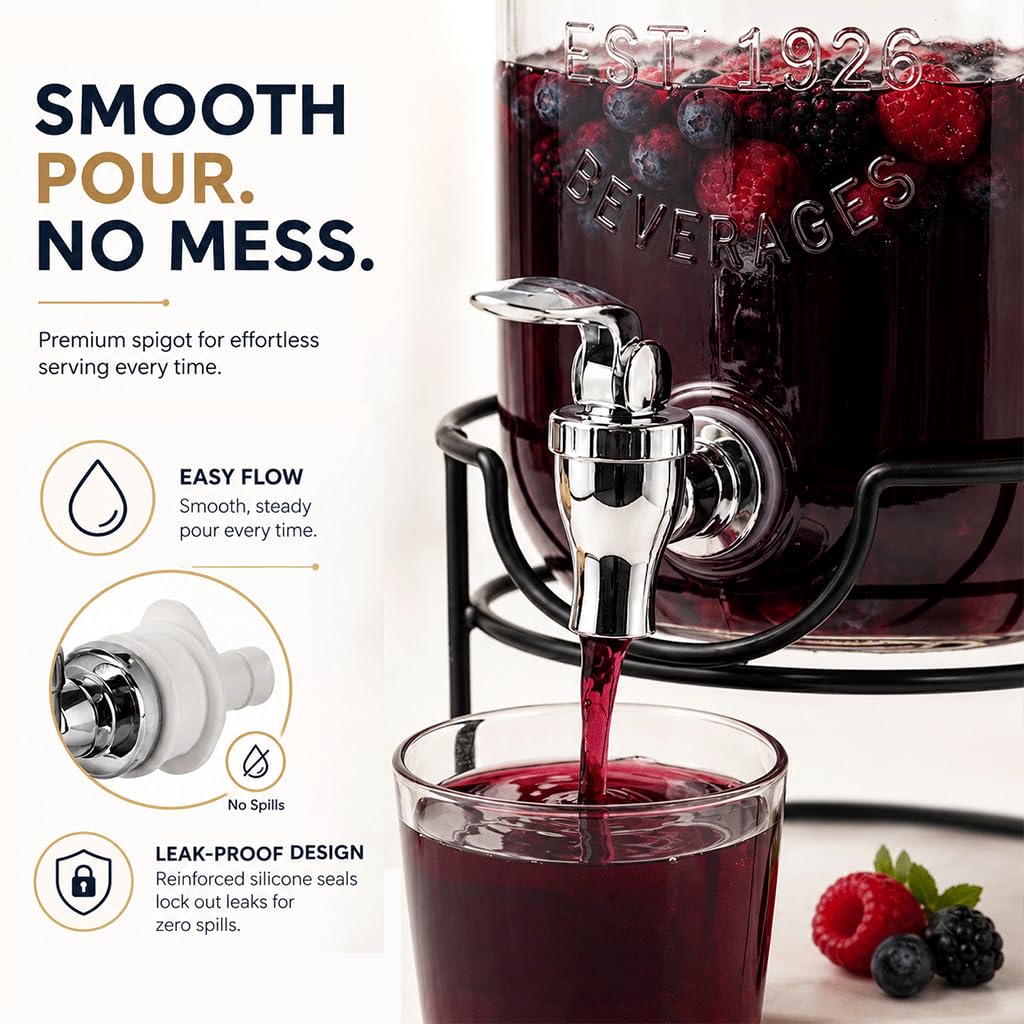 Estilo 1 galón de vidrio Mason Jar doble Bebida Dispensador de bebidas en soporte de metal con Spigot sin fugas