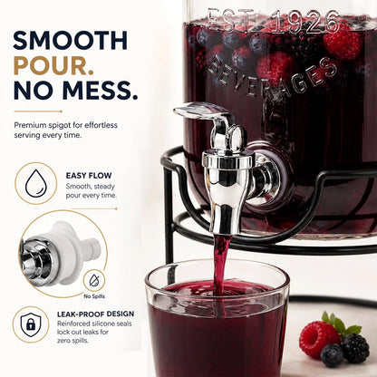 Estilo 1 galón de vidrio Mason Jar doble Bebida Dispensador de bebidas en soporte de metal con Spigot sin fugas