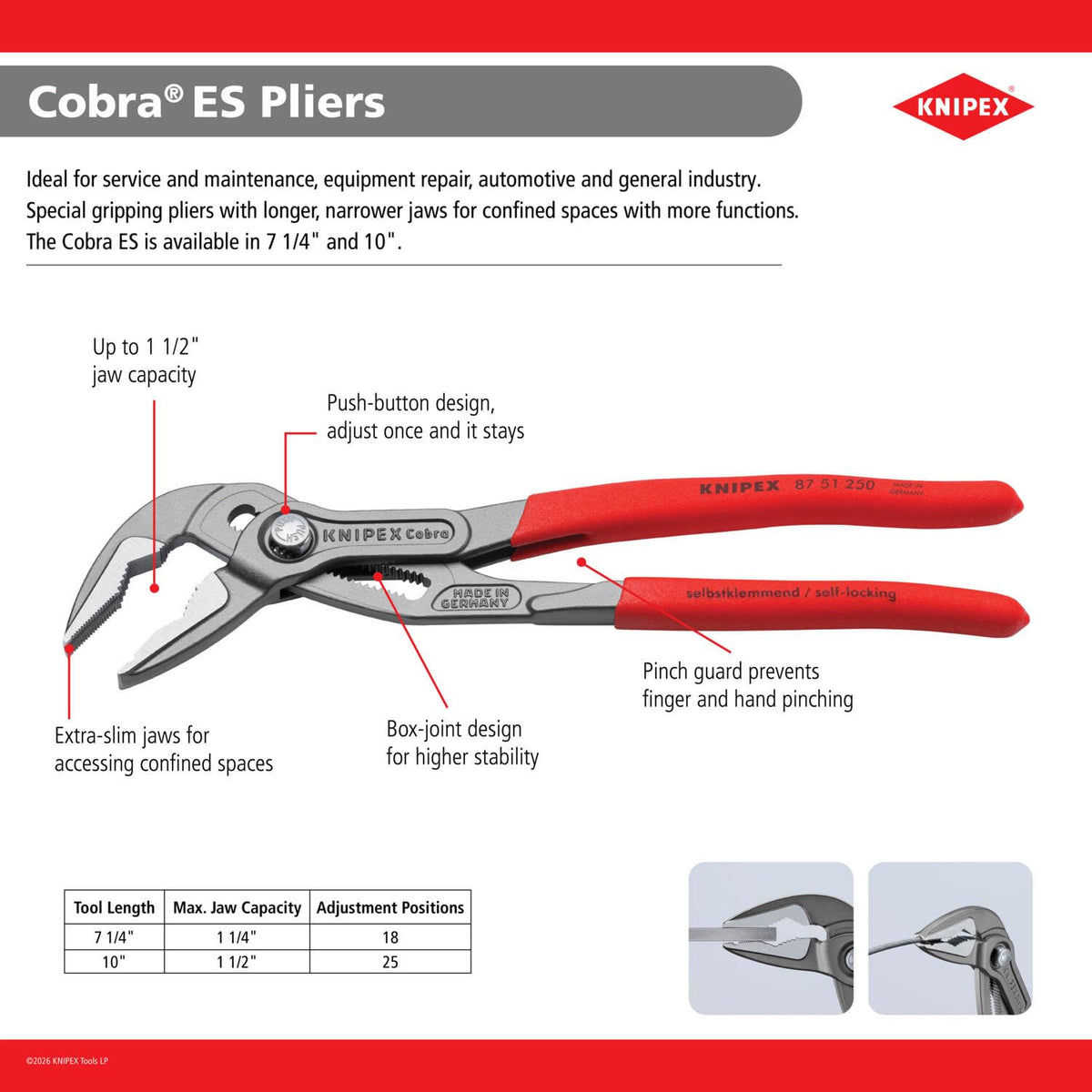 KNIPEX Tools 87 51 180 SBA Cobra® ES - Alicates para bomba de agua, 7-1/4 pulgadas