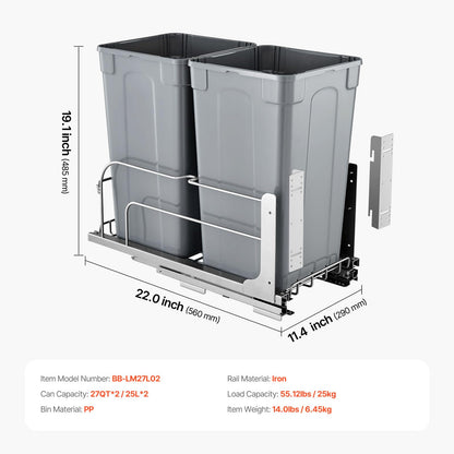 VEVOR Cubo de basura extraíble, 27 cuartos de galón x2, contenedor doble | Para residuos y reciclaje, con kit de puerta y corredera de cierre suave, para armario de cocina, fregadero, color gris.