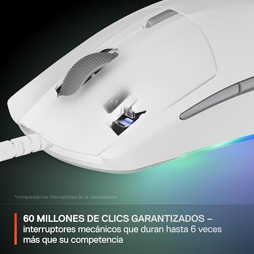 SteelSeries Rival 3 Gen 2 Mouse para Juegos — Sensor óptico de núcleo TrueMove de 8500 dpi — 60 Millones de clics — Baja latencia — 77 g Ligero — 100% PTFE Pies — RGB — Blanco