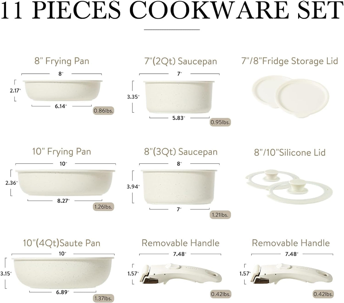 CAROTE – Batería de Cocina 21 Piezas Desmontable, Ollas y Sartenes Antiadherentes, Mango Extraíble, Blanco Crema, Compatible con Inducción, Gas y Horno