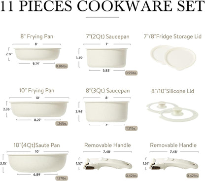 CAROTE – Batería de Cocina 21 Piezas Desmontable, Ollas y Sartenes Antiadherentes, Mango Extraíble, Blanco Crema, Compatible con Inducción, Gas y Horno