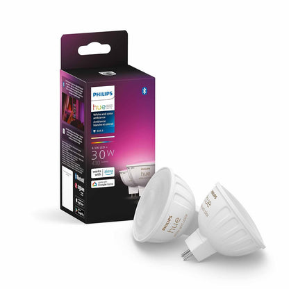 Philips Hue 2 Focos Inteligentes MR16 GU5.3, Luz Multicolor, 12V AC, (Requieren Transformador Compatible, No Conectar Directamente a 127V)