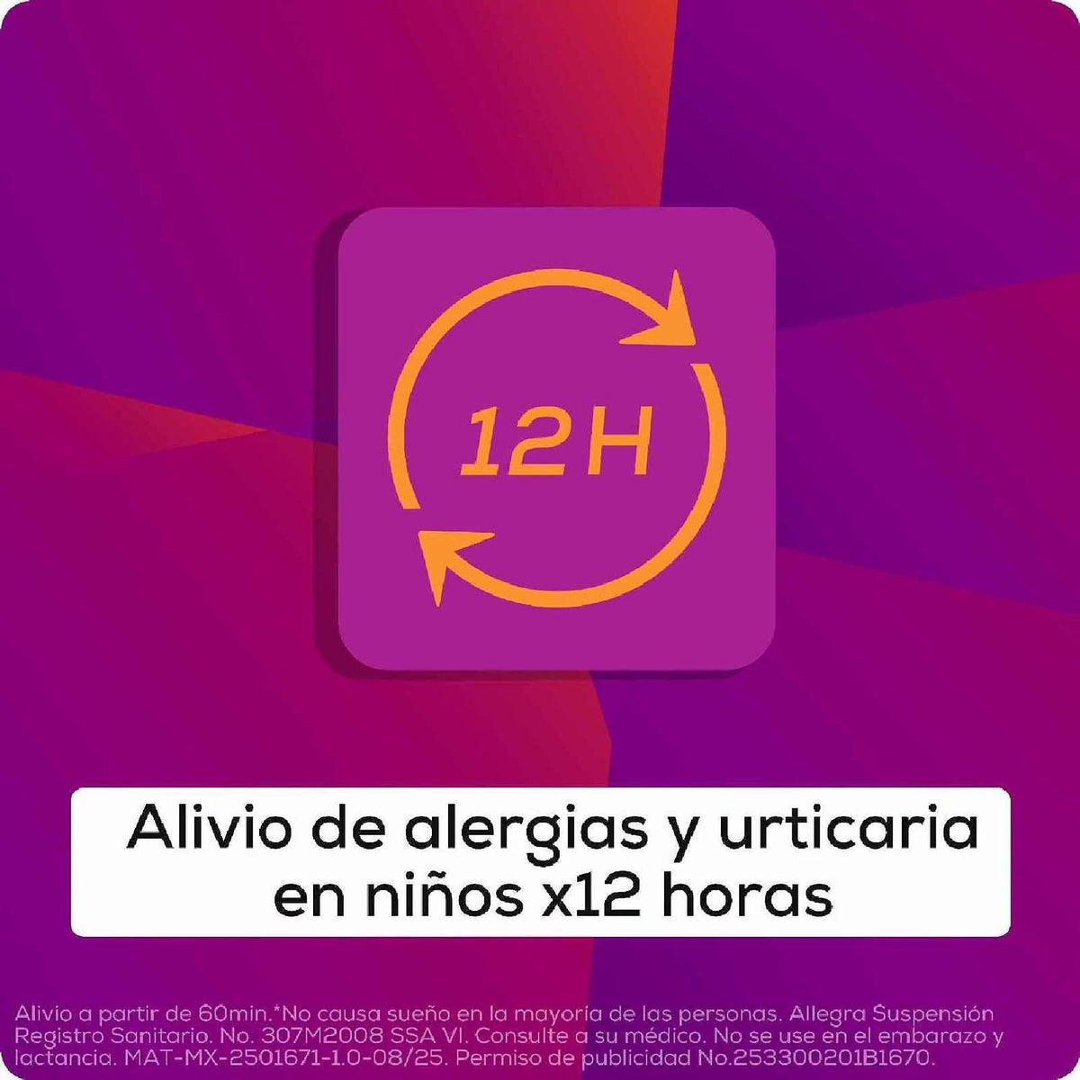 Allegra suspensión pediátrica para estornudos y escurrimiento nasal, 150ml.