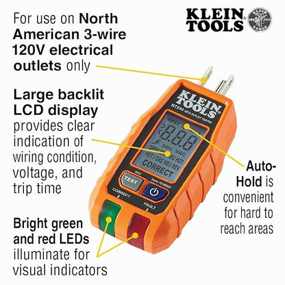 KLEIN TOOLS RT250 | Probador De Tomacorrientes | GFCI | Pantalla LCD