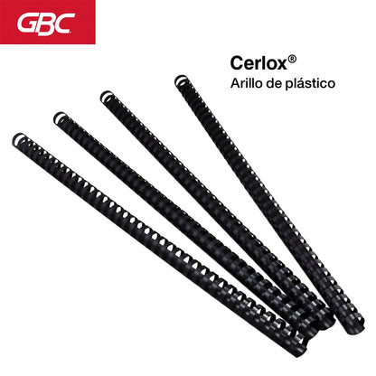 GBC Arillo plastico CERLOX 38 aros, Color negro, Bolsa con 25 de 1". M080610