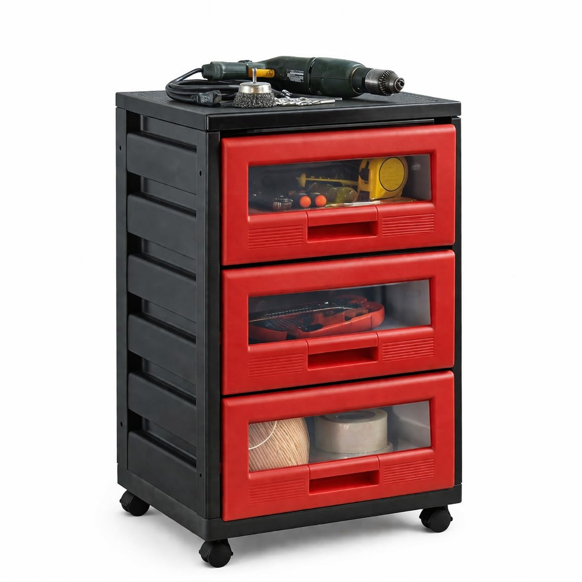 Italhome Mueble De Plástico En Color Negro Rojo Con 3 Cajones, Cajonera Organizador Multiusos Con Ruedas Piave