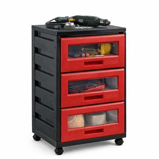 Italhome Mueble De Plástico En Color Negro Rojo Con 3 Cajones, Cajonera Organizador Multiusos Con Ruedas Piave