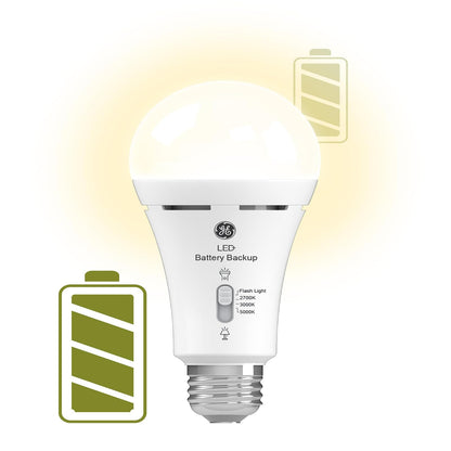 GE LED+ - Bombillas LED de batería de reserva, A21, luz de emergencia recargable para cortes de energía + linterna, blanco suave (paquete de 2)