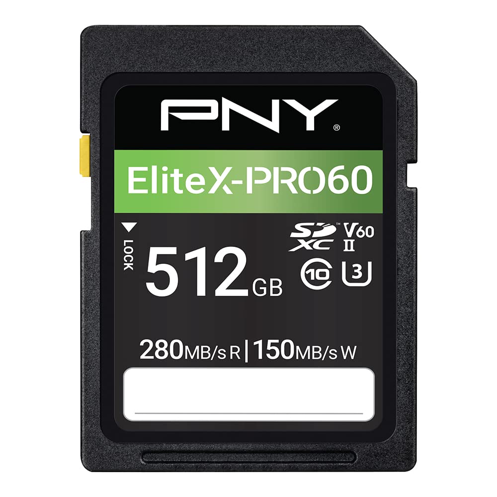PNY Tarjeta de Memoria EliteX-PRO60 UHS-II SDXC de 512 GB, R280MB/s W150MB/s, U3, V60, 4K UHD, Full HD, UHS-II para fotógrafos Profesionales y Creadores de Contenido, cámaras réflex sin Espejo,