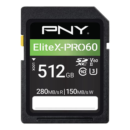 PNY Tarjeta de Memoria EliteX-PRO60 UHS-II SDXC de 512 GB, R280MB/s W150MB/s, U3, V60, 4K UHD, Full HD, UHS-II para fotógrafos Profesionales y Creadores de Contenido, cámaras réflex sin Espejo,