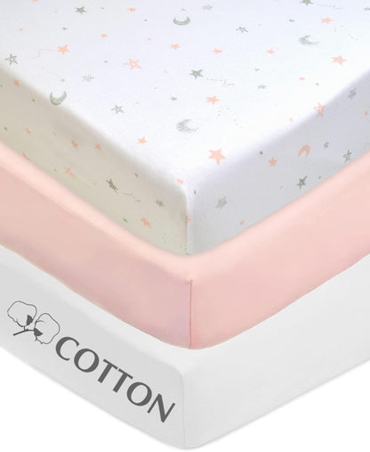 American Baby Company - Juego de 3 sábanas bajeras de algodón 100% Natural para Cuna de 52 x 28 Pulgadas, Suaves, Transpirables, hipoalergénicas y Suaves, Estrellas Rosas/Rubor, Blanco, Neutro para