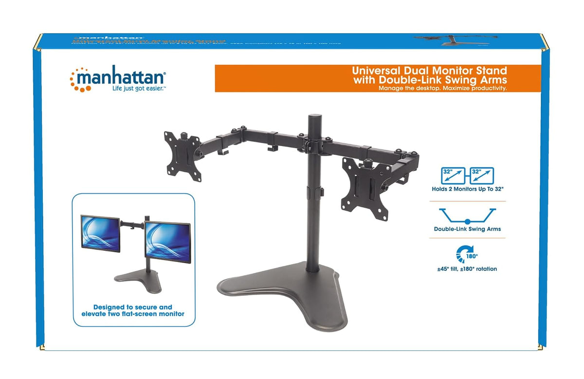 Manhattan Soporte para 2 Monitores de 13 a 32 Pulgadas Brazo Doble Articulado VESA para Escritorio Base de Monitor Ajustable, Pantalla Vertical, Accesorios para PC y Oficina 461559