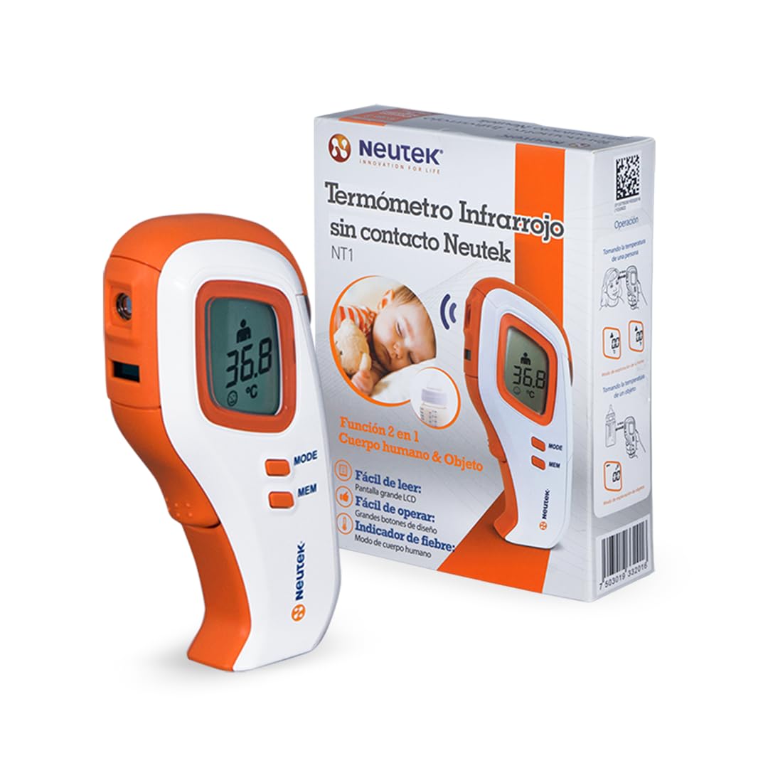 Termómetro Infrarrojo Sin Contacto Neutek NT-1 | Medición Rápida en Frente y Objetos | Indicador de Fiebre | 10 Memorias | Ligero y Portátil | Alerta de Batería Baja | Blanco/Naranja
