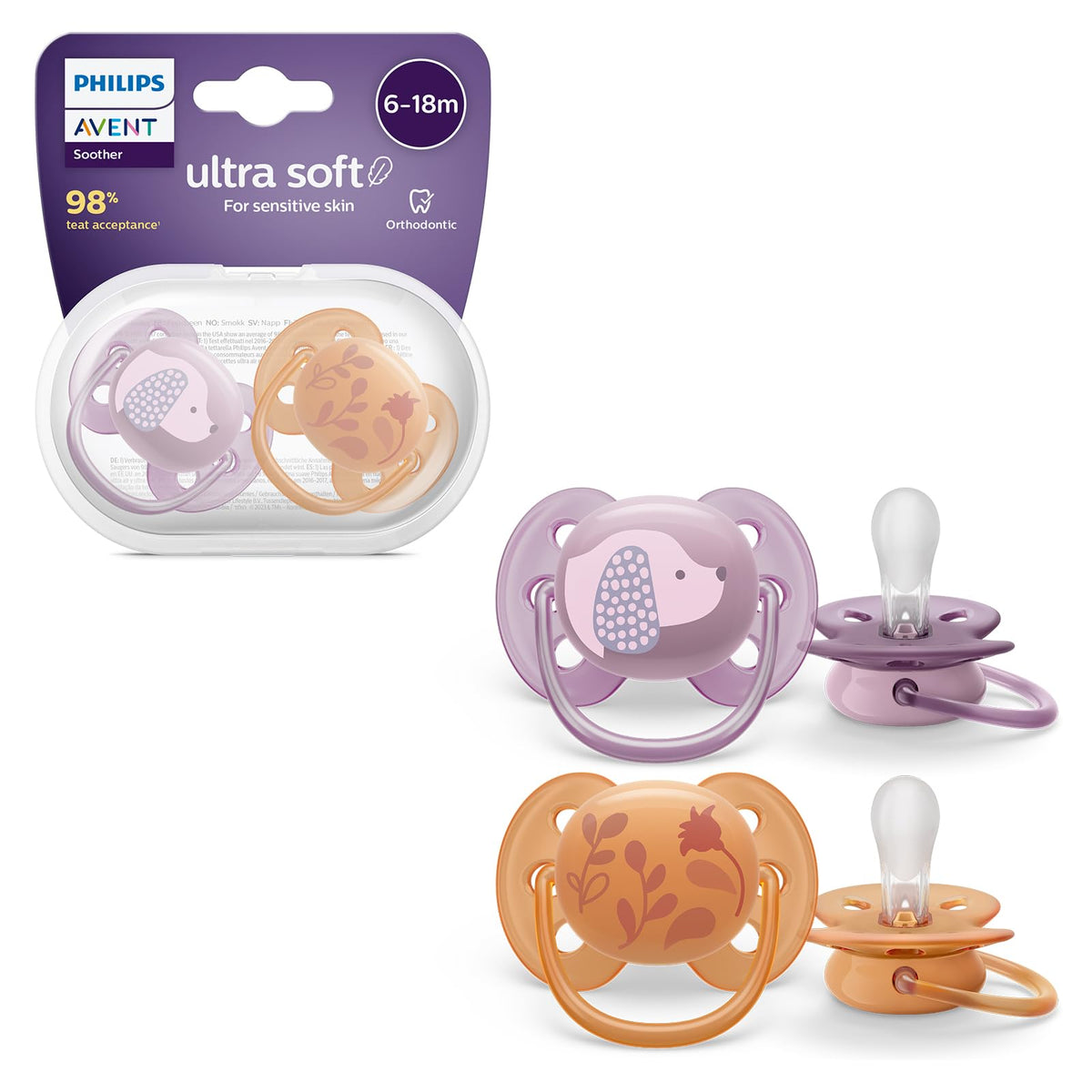 Philips Avent Chupón Ultra Soft Ortodóntico Tropical Naranja/Morado | Menos irritación en piel sensible | 98% de aceptación | Suave y flexible | Caja Esterilizadora | 6-18 m | 2 pz | SCF091/18