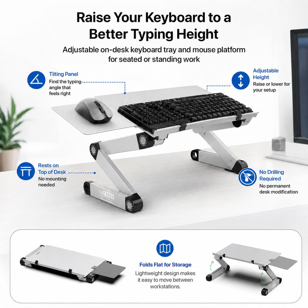 WorkEZ - Bandeja ergonómica para teclado y mouse, altura ajustable, ángulo negativo, inclinación para sentarse en el computadora, mesa de computadora, soporte para computadora de pie, elevar teclados a la altura de pie, color plateado