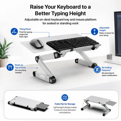 WorkEZ - Bandeja ergonómica para teclado y mouse, altura ajustable, ángulo negativo, inclinación para sentarse en el computadora, mesa de computadora, soporte para computadora de pie, elevar teclados a la altura de pie, color plateado