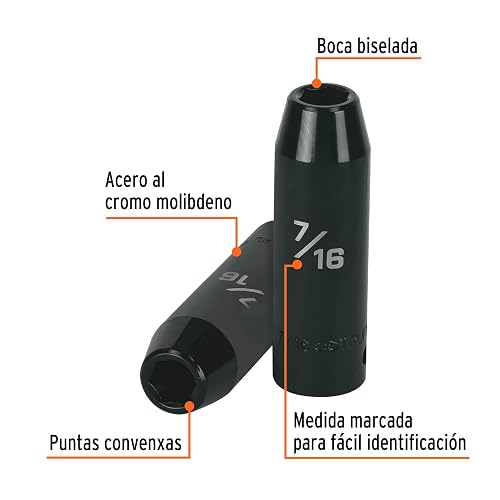 Truper D-7314-HL, Dado largo de impacto 6 puntas std, 7/16", cuadro 1/2"