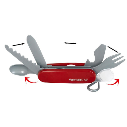 Victorinox Navaja de Bolsillo de Juguete, 8 Usos, Rojo, Navajas de juguete | Cuchillo de bolsillo de plástico para niños con sierra, cuchillo, tenedor y cuchara. Entrenamiento de habilidades motoras sin