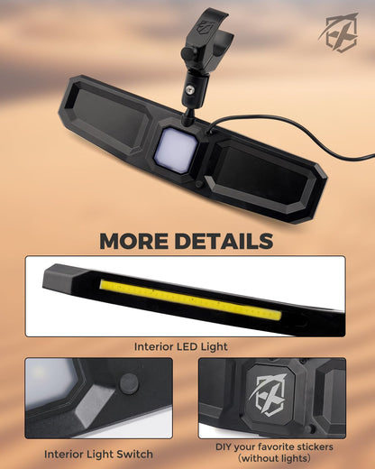 Xprite - Espejo retrovisor UTV de 13 pulgadas, espejo central SXS UTV con luces interiores, abrazadera de aluminio ajustable para montaje de 1.5 a 2 pulgadas, compatible con Polaris