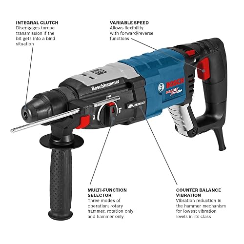 BOSCH GBH2-28L - Martillo giratorio SDS-plus Bulldog Xtreme Max de 1-1/8 | Motor de 8,5 amperios, 2 pies-libras. energía de impacto, sensor de seguridad de control de retroceso, demolición, hormigón
