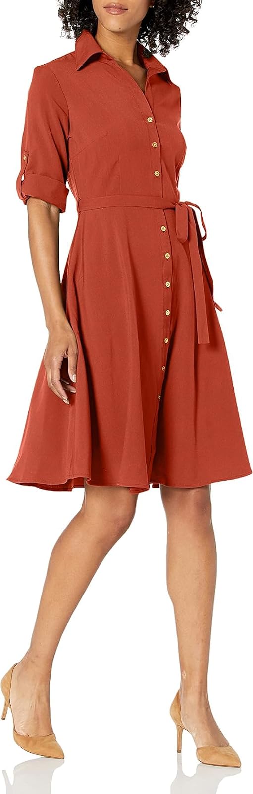 Sharagano Vestido Camisero Plisado con Botones Frontales Vestido Informal para Mujer