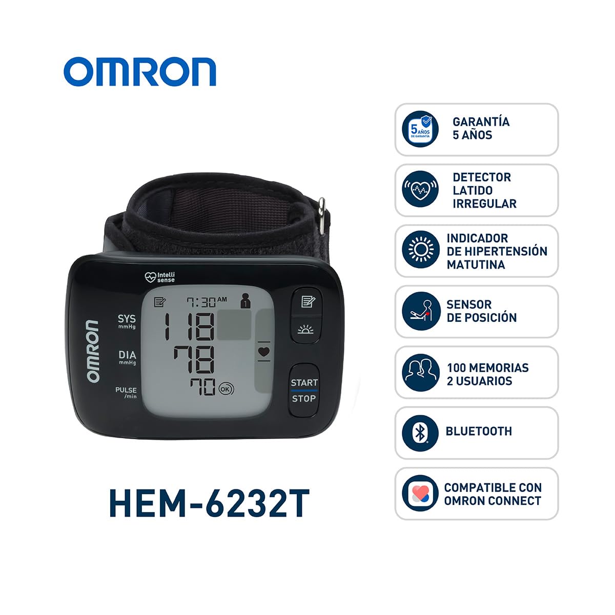OMRON HEM-6232T Intelli IT – Baumanómetro Digital de Muñeca Portátil con Bluetooth y App OMRON Connect Gratuita, Clínicamente Validado