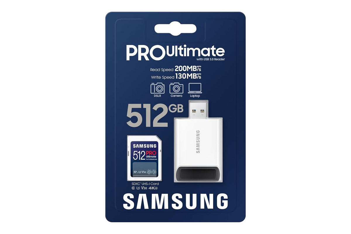 Samsung Pro Ultimate Tarjeta de Memoria de tamaño Completo+USBReader, SDXC de 512 GB, hasta 200 MB/s, 4K UHD, UHS-I, C10, U3, V30, A2 para DSLR, cámaras sin Espejo, PC, MB-SY512SB/AM