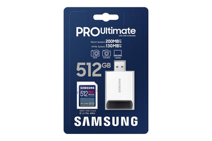 Samsung Pro Ultimate Tarjeta de Memoria de tamaño Completo+USBReader, SDXC de 512 GB, hasta 200 MB/s, 4K UHD, UHS-I, C10, U3, V30, A2 para DSLR, cámaras sin Espejo, PC, MB-SY512SB/AM