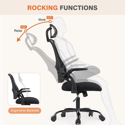 Sweetcrispy - Silla ejecutiva de Oficina en casa, Malla de Respaldo Alto con reposacabezas Ajustable, reposabrazos abatible, cómodo Soporte Lumbar, Brazos cómodos para recámara, Estudio, Estudiante