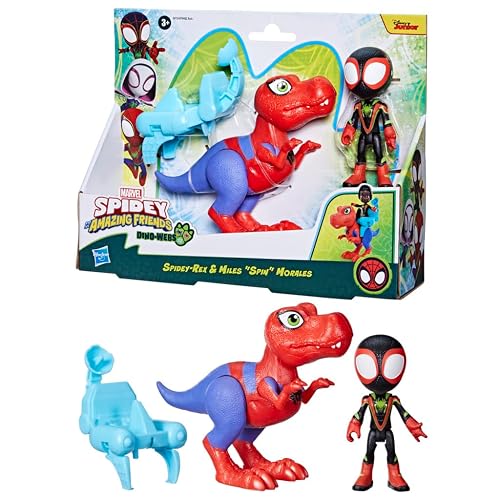 Marvel Spidey and His Amazing Friends, Dino-Webs, Spidey-Rex y Miles “Spin” Morales, Set de Figuras de acción Spider-Man a Escala de 10 cm, Juguetes Infantiles