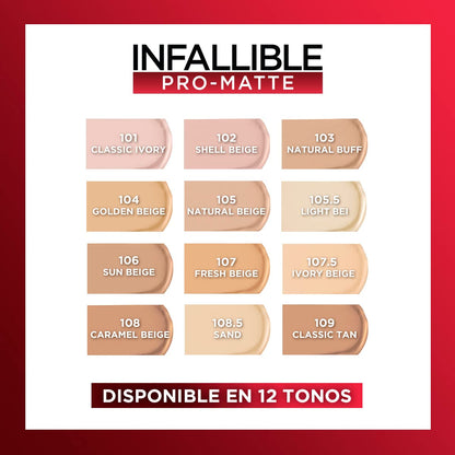 L'Oréal Paris, Base de maquillaje líquida de larga duración, Infallible 24h Pro-matte, Tono Natural Beige 105, 30ml