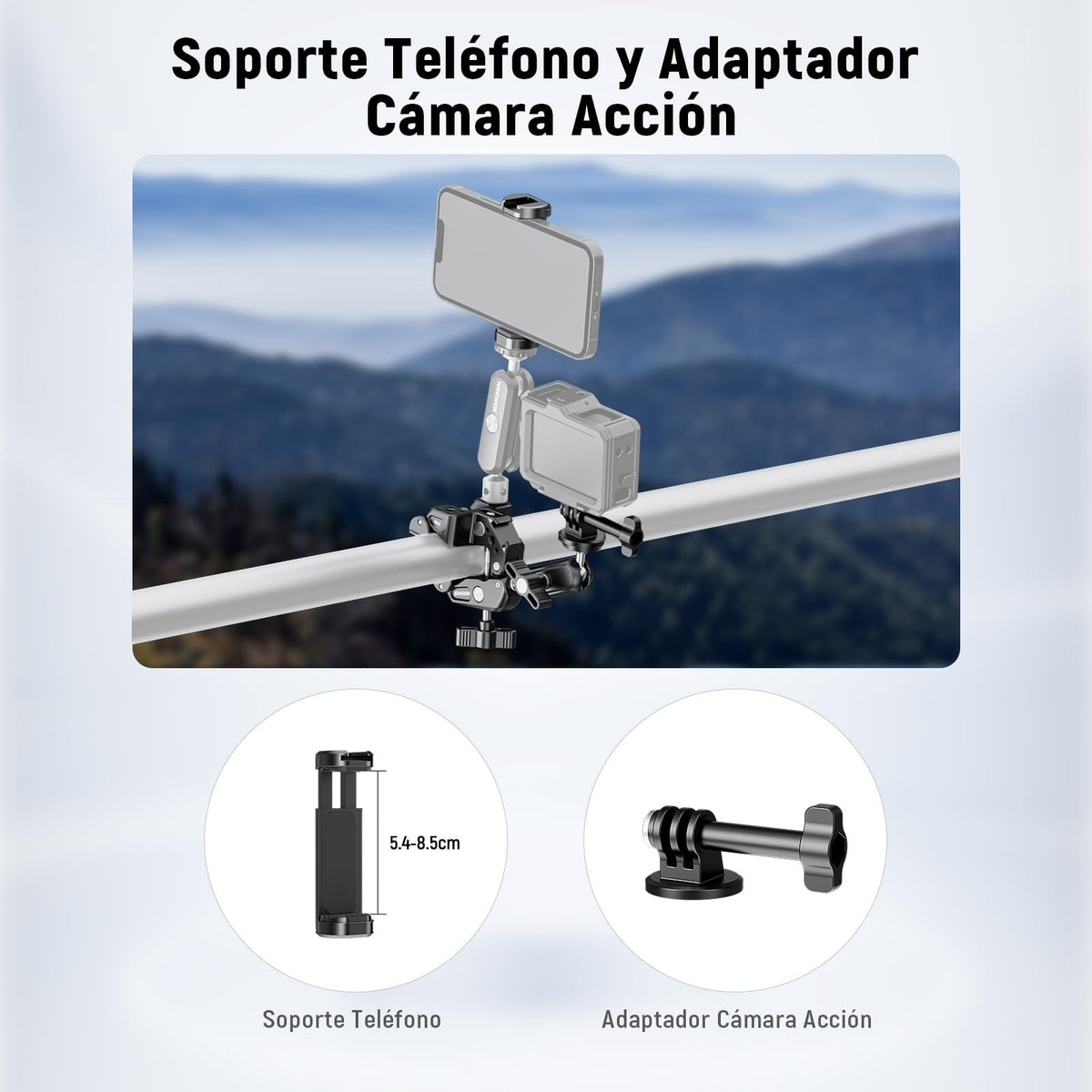 NEEWER Super Clamp con 3" Brazo Mágico Doble Cabeza Esférica, Phone Clamp Cámara con Roscas 1/4" 3/8", Soporte Teléfono, Adaptador Cámara Acción Compatible con GoPro dji iPhone 16 15 Pro MAX, ST88