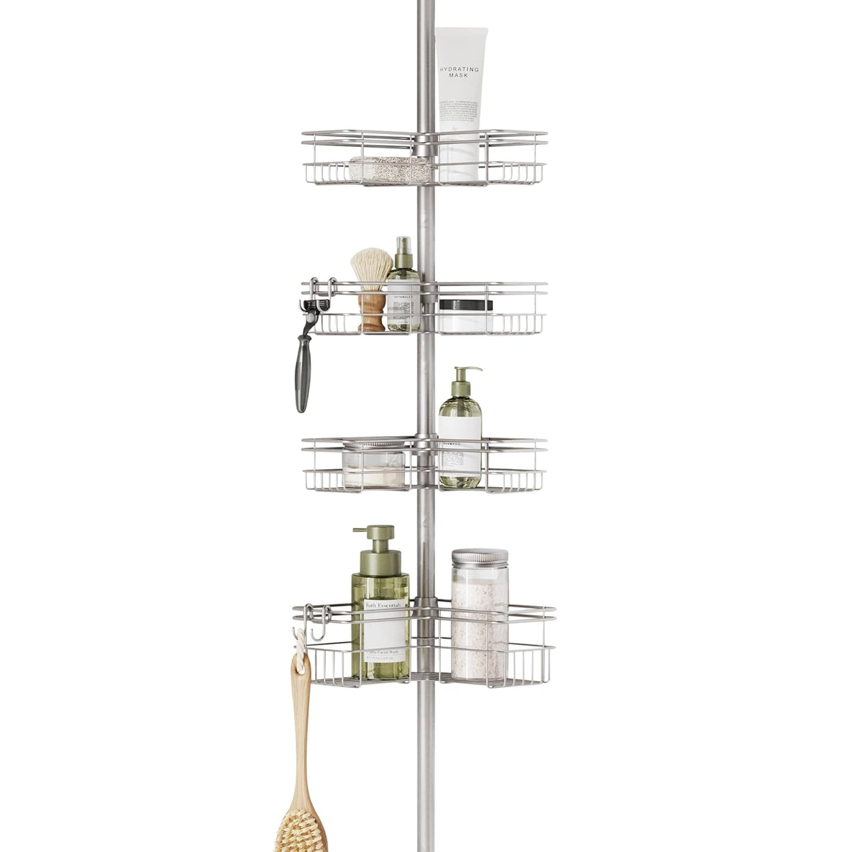 Zenna Home - Organizador de esquina para ducha con poste de tensión, organizador ajustable para ducha de pie con 4 cestas y ganchos en forma de L, organizador de barra de tensión para baño, resistente