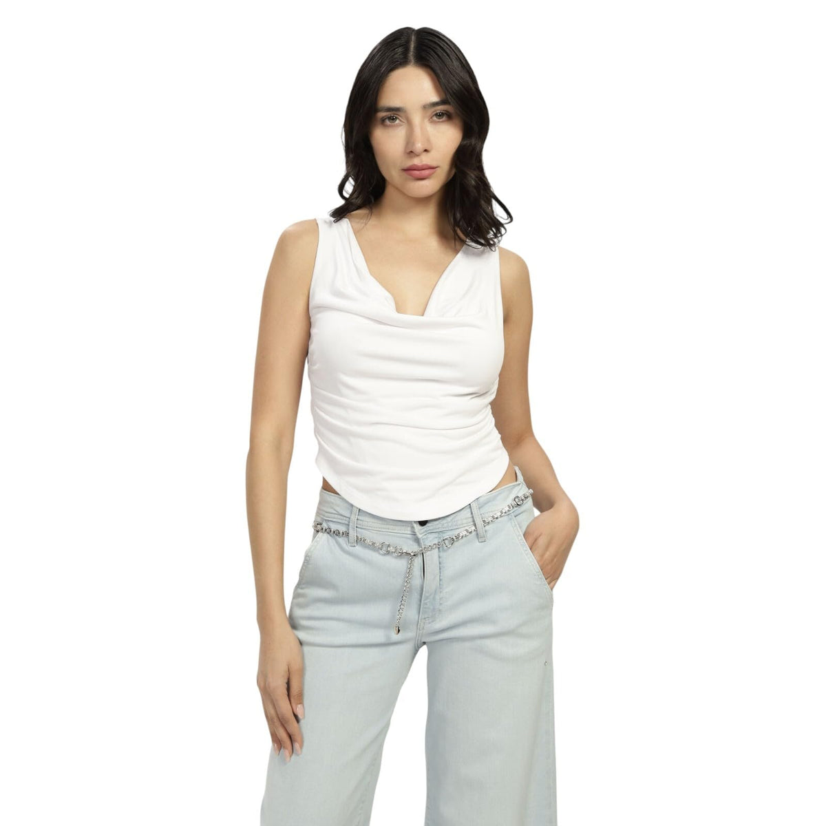 GUESS - Playera Rika sin Mangas con Cuello Redondo para Mujer