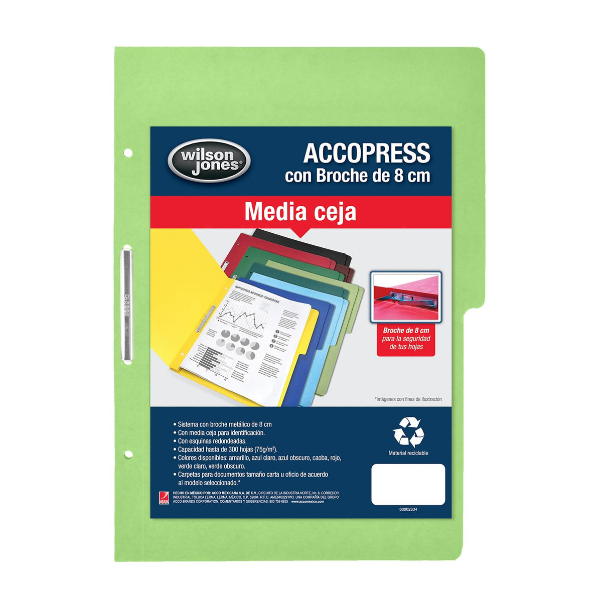 Wilson Jones/Carpeta Accopress Folder con Broche de 8 cm. 300 Hojas. Verde Claro 140 pzas. Oficio. P4569