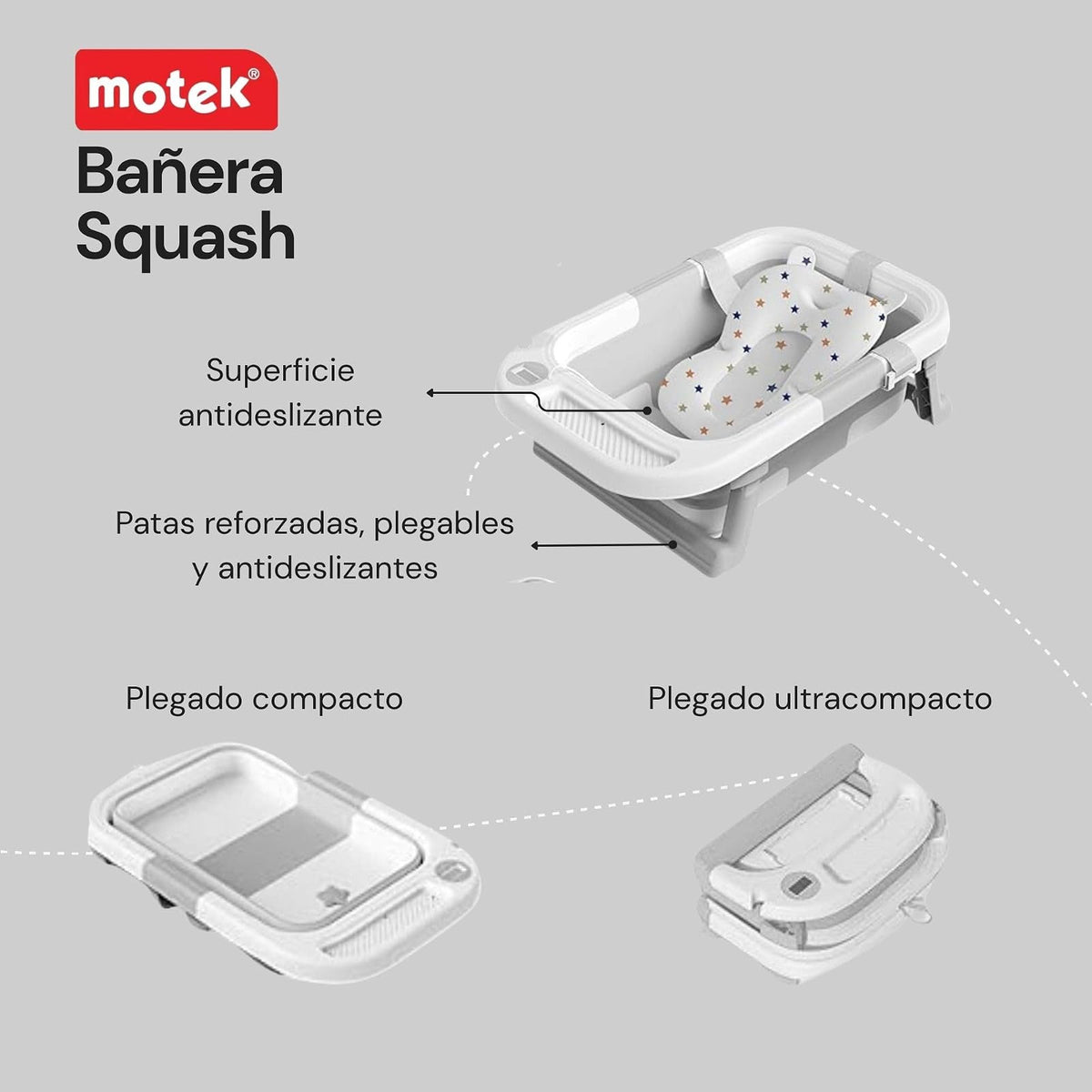 Motek Squash Bañera Tina Plegable para Bebé con Termómetro Digital Táctil, Red Acolchada de Soporte, Tapón de Drenaje y Charola Removible, Diseño Ultra Compacto Portátil, Superficie antideslizante (Azul)