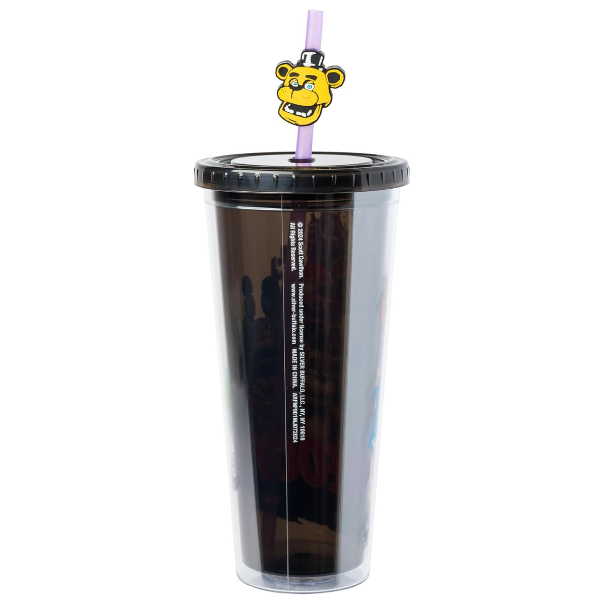 Silver Buffalo Five Nights at Freddy's - Taza fría de plástico con tapa y popote con Freddy Fazbear, Foxy, Chica y Bonnie, 24 onzas
