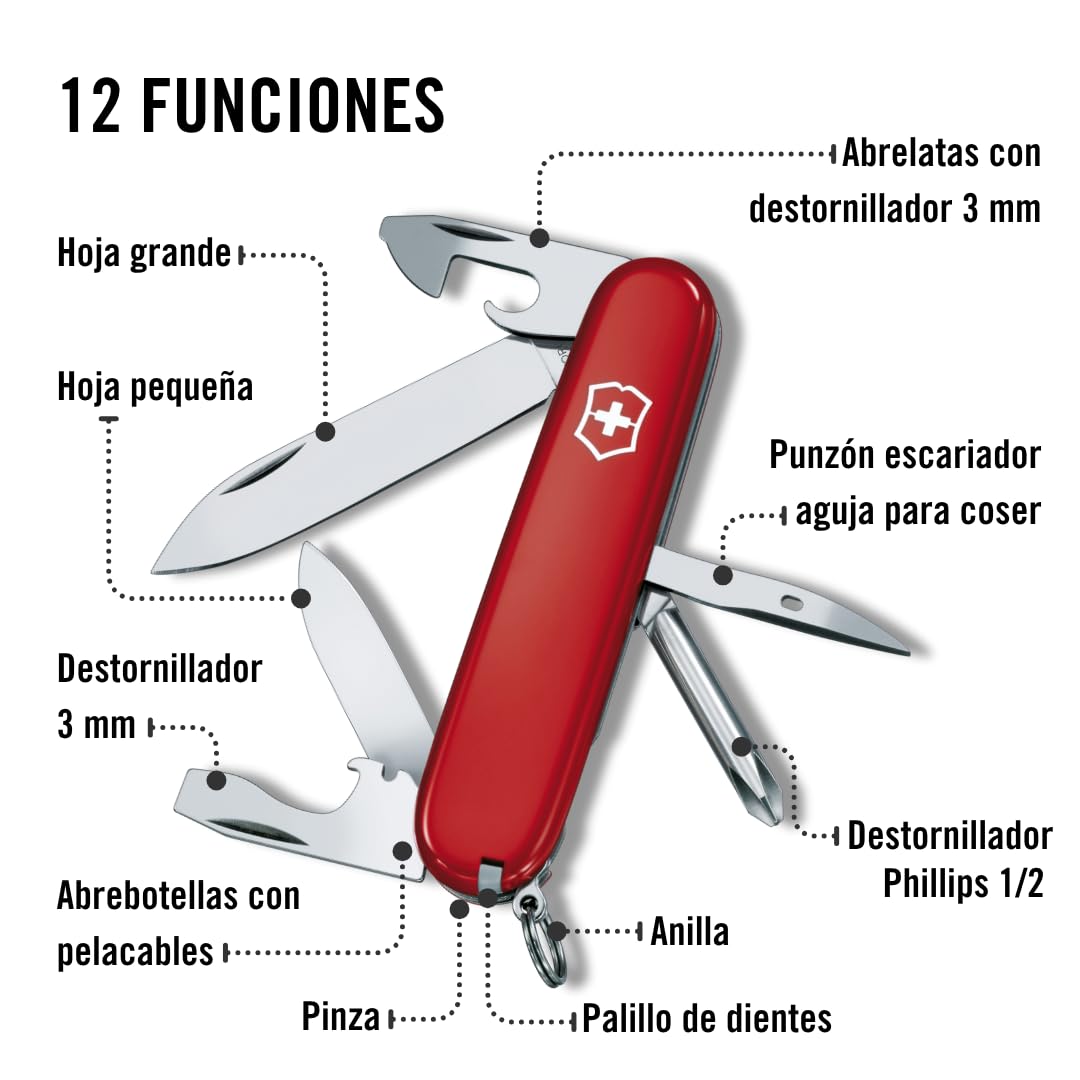 Victorinox Navaja Tinker, Roja, 13 Usos | Cuchillo de bolsillo EDC con destornillador Phillips, hoja de 59 mm, abrelatas y abrebotellas. Fabricado en Suiza