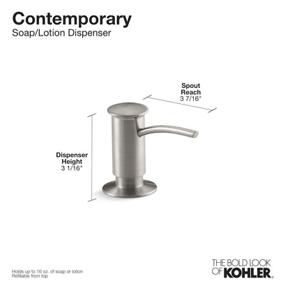 KOHLER 1895-C-VS Dispensador de jabón para Fregadero de Cocina con diseño contemporáneo, almacenar jabón líquido, líquido para lavaplatos o loción de Manos, Vibrante Inoxidable, 16 onzas