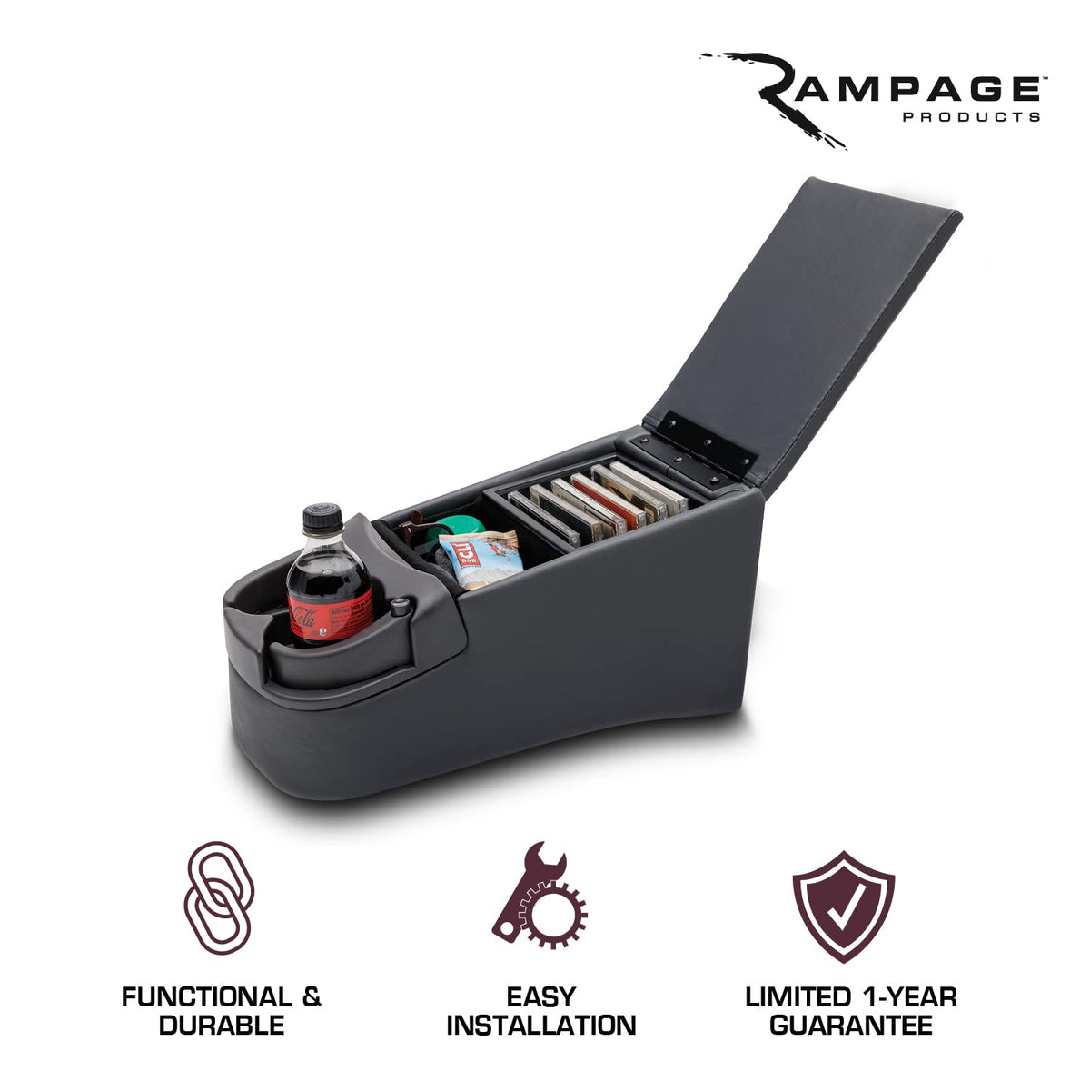 RAMPAGE PRODUCTS - Consola de asiento de banco Rampage 39223, color carbón, 16.5 pulgadas x 8.5 pulgadas x 9 pulgadas Consola de asiento de banco
