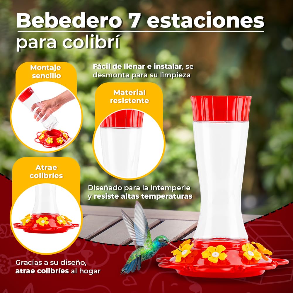Redkite Bebedero para Colibrí 7 Estaciones 590 ml con Gancho y Alambre Forjado Fácil de Llenar y Limpiar