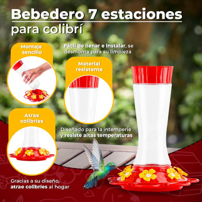 Redkite Bebedero para Colibrí 7 Estaciones 590 ml con Gancho y Alambre Forjado Fácil de Llenar y Limpiar