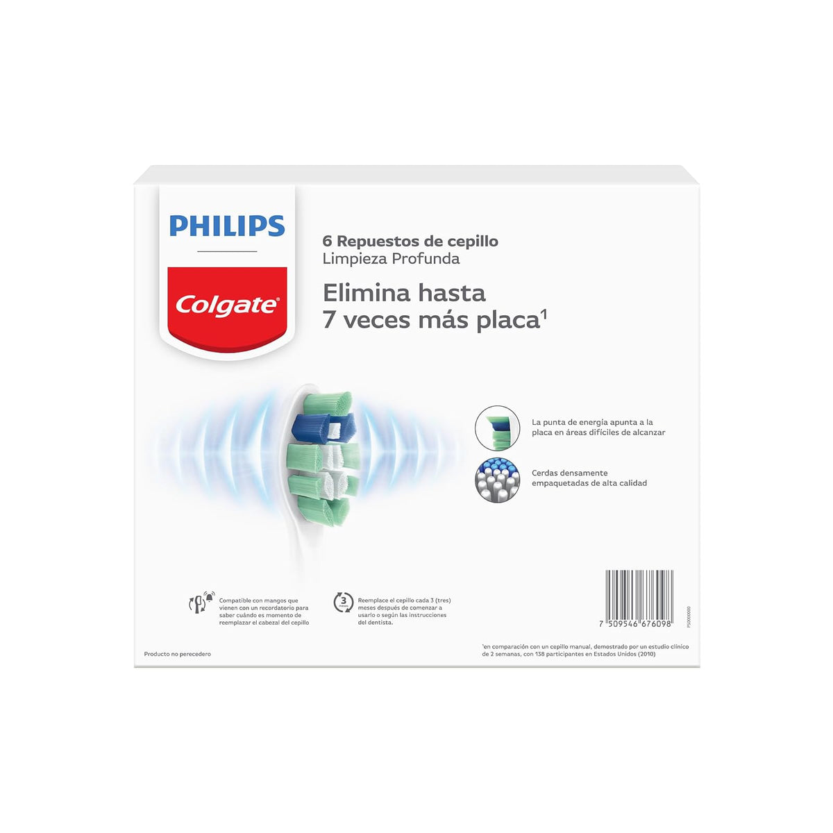 Colgate Repuesto Cepillo Eléctrico Philips Limpieza Profunda 6 Unidades | Hasta 100% Menos Manchas en Solo 7 días, Remueve 7X Más Placa, Las Cerdas Centrales Eliminan las Manchas Superficiales
